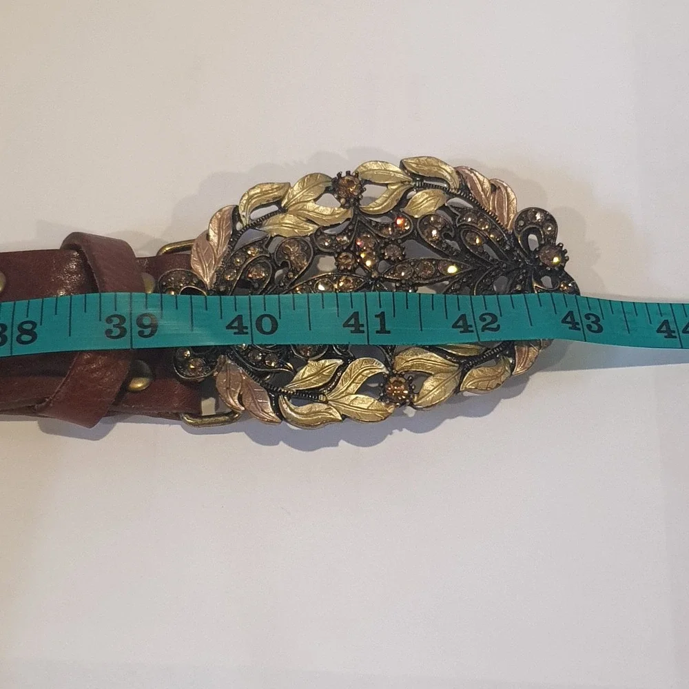 Cabi‎ Brown Leather Belt Ornate Filigree Rhinestone Buckle Boho Western Medium